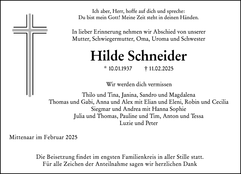  Traueranzeige für Hilde Schneider vom 17.02.2025 aus Dill Block