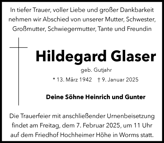 Traueranzeige von Hildegard Glaser von Wormser Zeitung