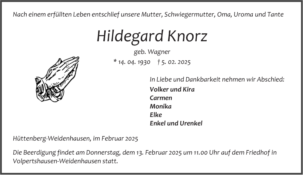  Traueranzeige für Hildegard Knorz vom 10.02.2025 aus Wetzlarer Neue Zeitung