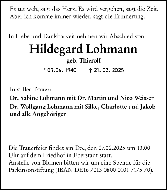 Traueranzeige von Hildegard Lohmann von Darmstädter Echo