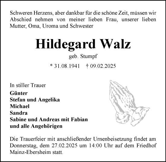 Traueranzeige von Hildegard Walz von Allgemeine Zeitung Mainz