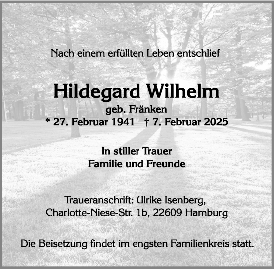 Traueranzeige von Hildegard Wilhelm von Wiesbadener Kurier