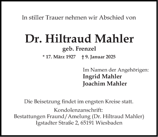 Traueranzeige von Hiltraud Mahler von Wiesbadener Kurier