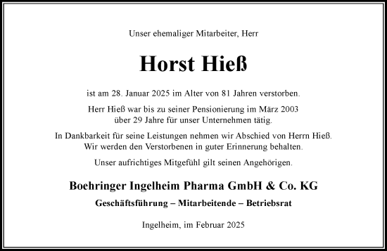Traueranzeige von Horst Hieß von Allgemeine Zeitung Rheinhessen-Nahe