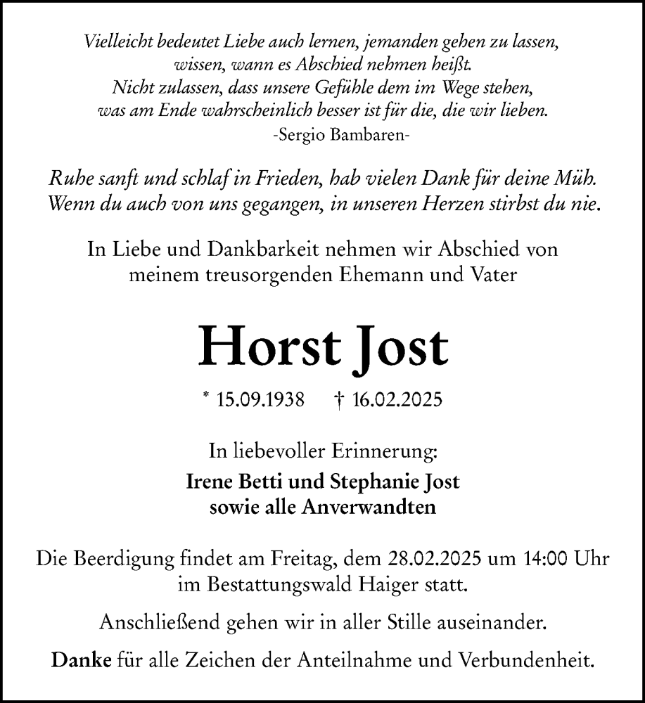  Traueranzeige für Horst Jost vom 24.02.2025 aus Dill Block