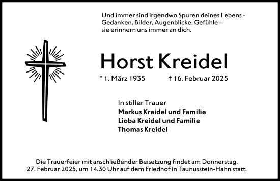 Traueranzeige von Horst Kreidel von Wiesbadener Kurier