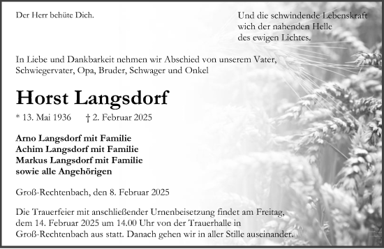 Traueranzeige von Horst Langsdorf von Wetzlarer Neue Zeitung
