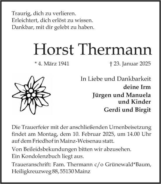 Traueranzeige von Horst Thermann von Allgemeine Zeitung Mainz