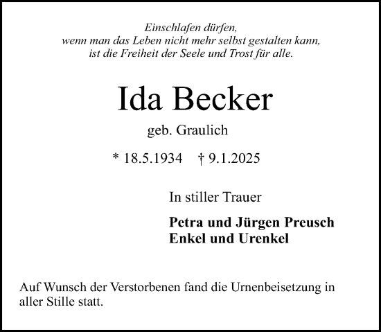 Traueranzeige von Ida Becker von Darmstädter Echo