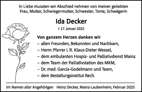 Traueranzeige von Ida Decker von Allgemeine Zeitung Mainz