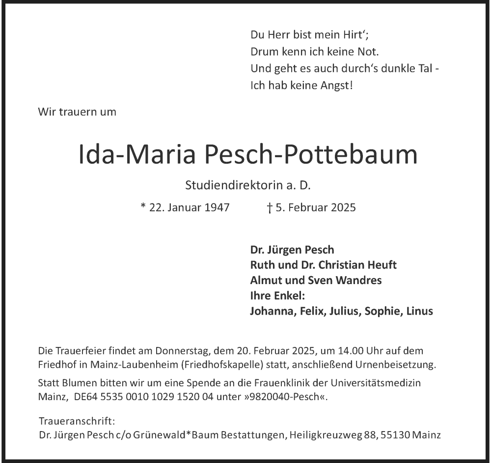  Traueranzeige für Ida-Maria Pesch-Pottebaum vom 15.02.2025 aus Allgemeine Zeitung Mainz