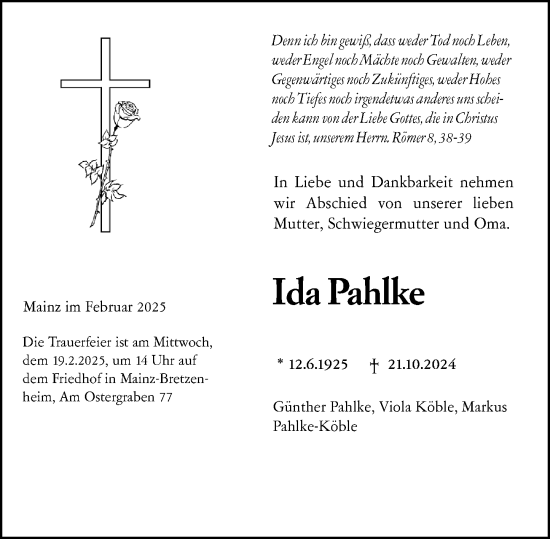 Traueranzeige von Ida Pahlke von Wiesbadener Kurier