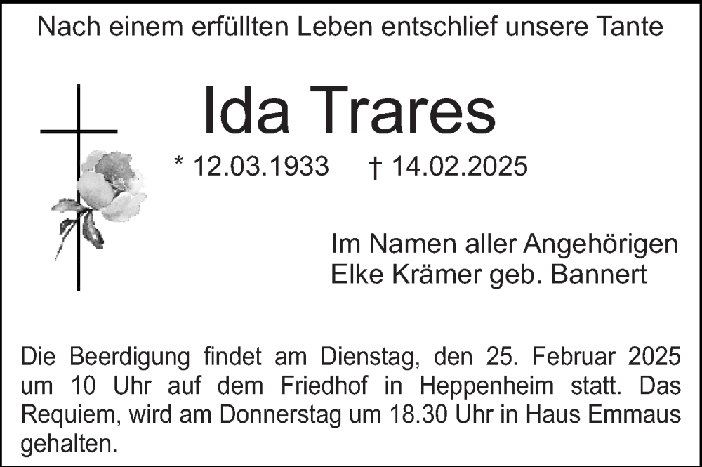  Traueranzeige für Ida Trares vom 22.02.2025 aus Starkenburger Echo