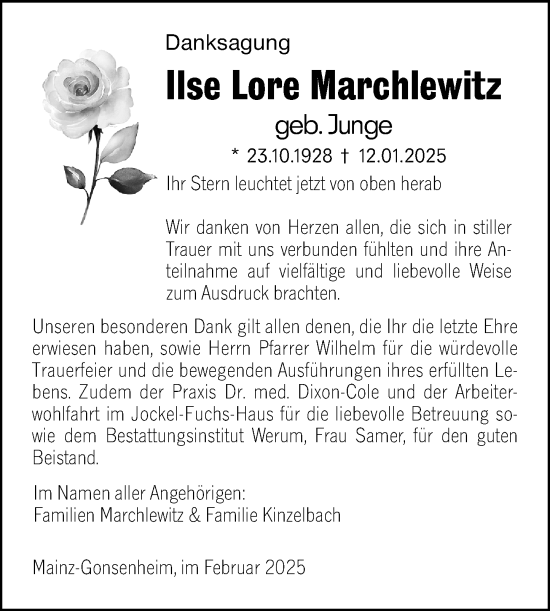 Traueranzeige von Ilse Lore Marchlewitz von Allgemeine Zeitung Mainz