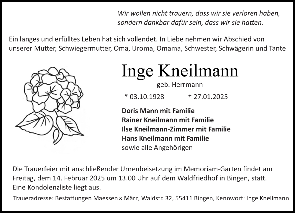  Traueranzeige für Inge Kneilmann vom 08.02.2025 aus Allgemeine Zeitung Rheinhessen-Nahe