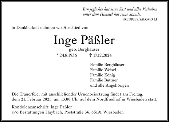 Traueranzeige von Inge Päßler von Wiesbadener Kurier