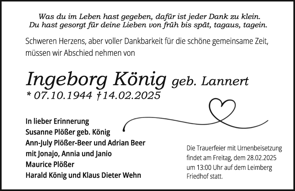  Traueranzeige für Ingeborg König vom 22.02.2025 aus Odenwälder Echo