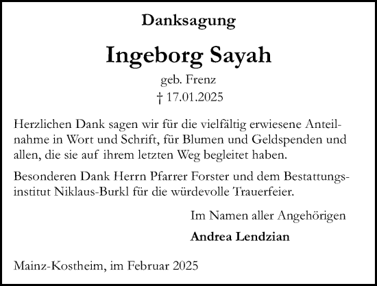 Traueranzeige von Ingeborg Sayah von Allgemeine Zeitung Mainz