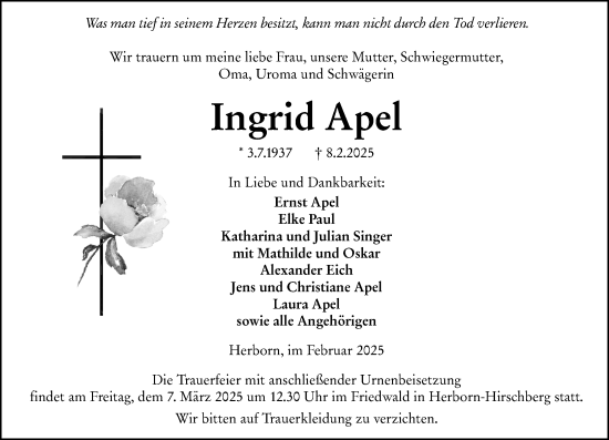 Traueranzeige von Ingrid Apel von Dill Block