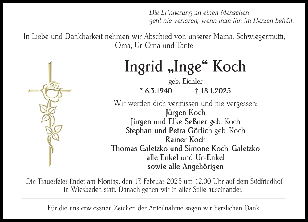  Traueranzeige für Ingrid Koch vom 08.02.2025 aus Wiesbadener Kurier