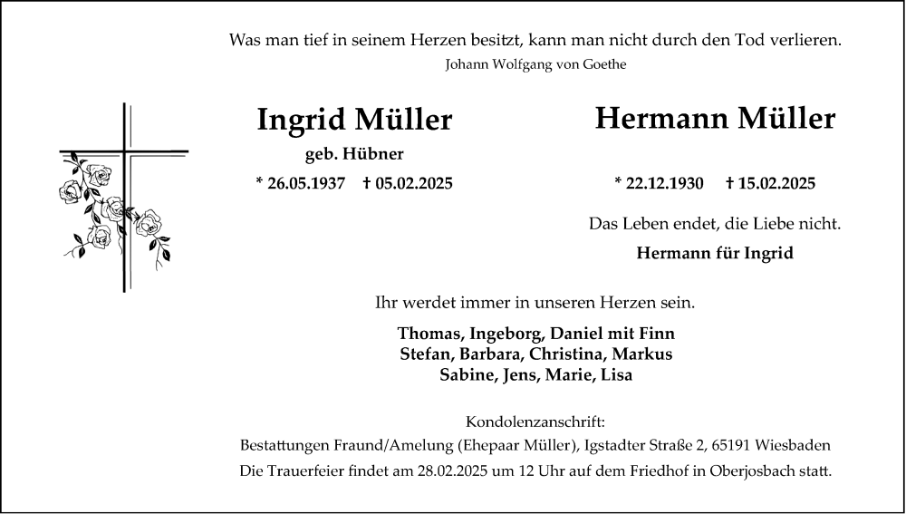  Traueranzeige für Ingrid Müller vom 22.02.2025 aus Wiesbadener Kurier