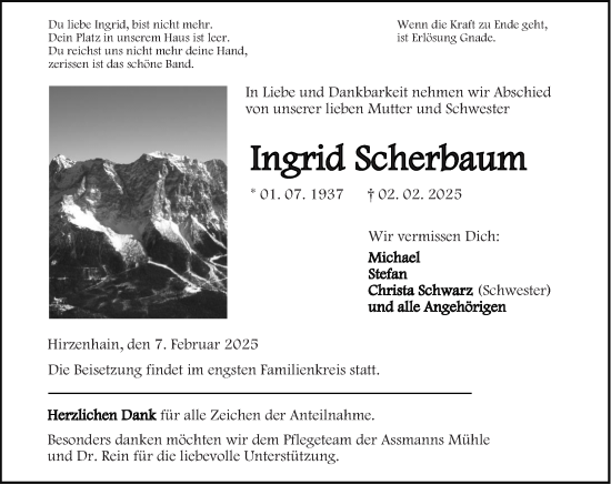 Traueranzeige von Ingrid Scherbaum von Dill Block