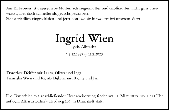 Traueranzeige von Ingrid Wien von Darmstädter Echo