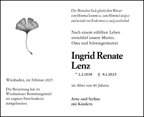 Traueranzeige von Ingrid Renate Lenz von Wiesbadener Kurier