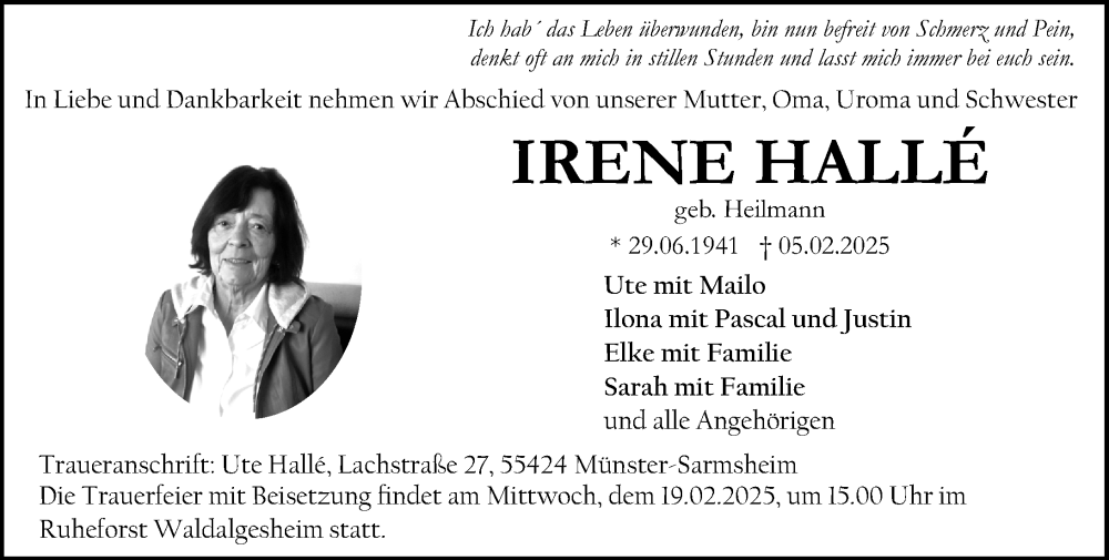  Traueranzeige für Irene Hallé vom 15.02.2025 aus Allgemeine Zeitung Rheinhessen-Nahe
