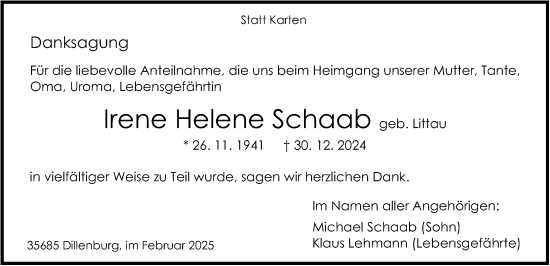 Traueranzeige von Irene Helene Schaab von Dill Block