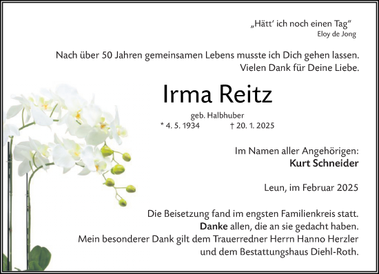Traueranzeige von Irma Reitz von Wetzlarer Neue Zeitung