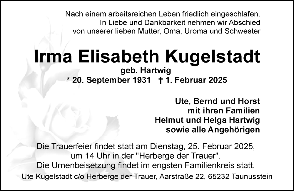  Traueranzeige für Irma Elisabeth Kugelstadt vom 15.02.2025 aus Idsteiner Land/Untertaunus