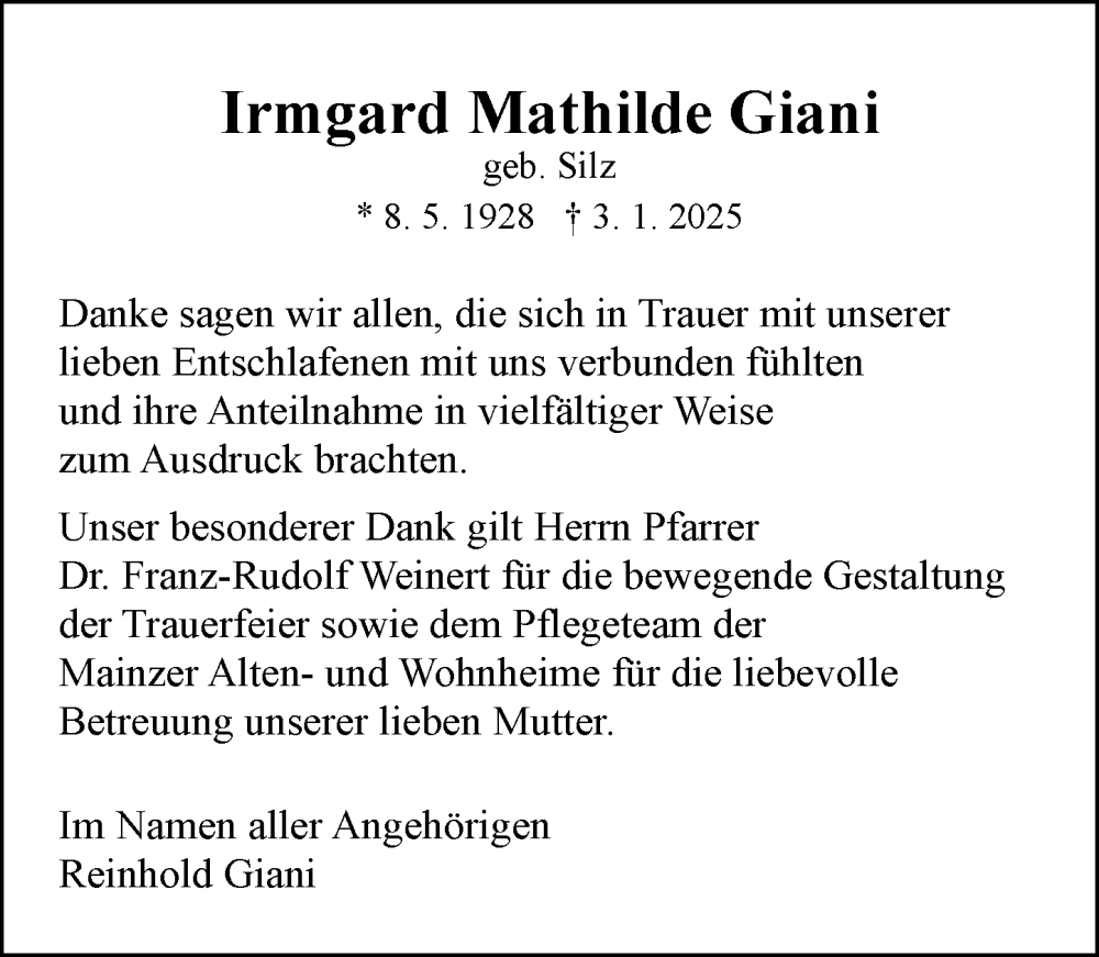  Traueranzeige für Irmgard Mathilde Giani vom 08.02.2025 aus Allgemeine Zeitung Mainz