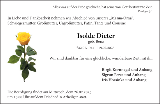 Traueranzeige von Isolde Dieter von Darmstädter Echo
