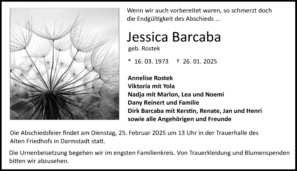  Traueranzeige für Jessica Barcaba vom 08.02.2025 aus Darmstädter Echo