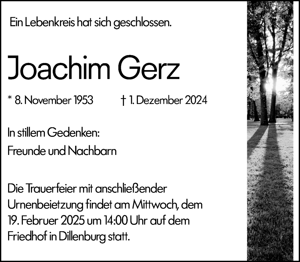  Traueranzeige für Joachim Gerz vom 15.02.2025 aus Dill Block