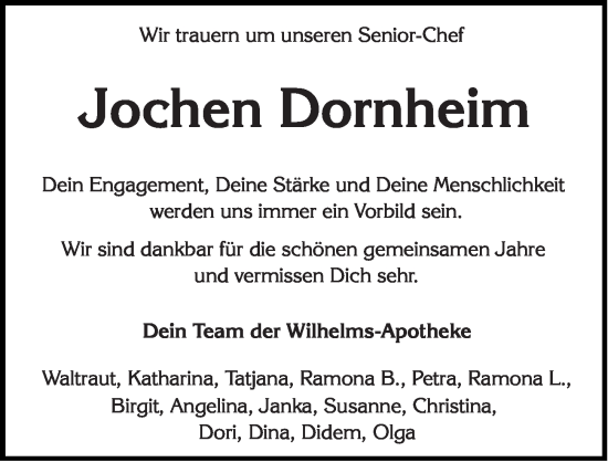 Traueranzeige von Jochen Dornheim von Wiesbadener Kurier