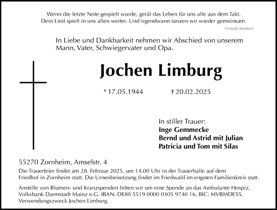 Traueranzeige von Jochen Limburg von Allgemeine Zeitung Mainz
