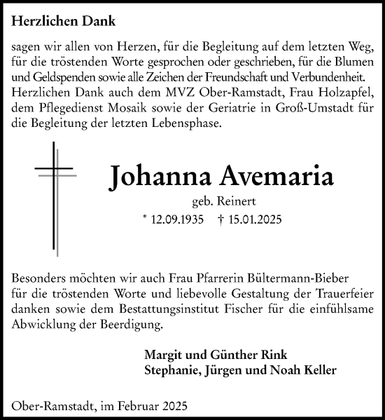 Traueranzeige von Johanna Avemaria von Darmstädter Echo