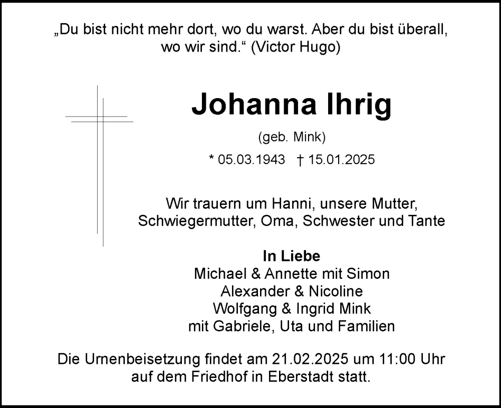  Traueranzeige für Johanna Ihrig vom 08.02.2025 aus Darmstädter Echo