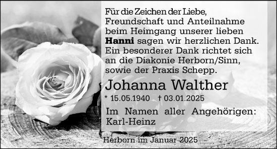 Traueranzeige von Johanna Walther von Dill Block