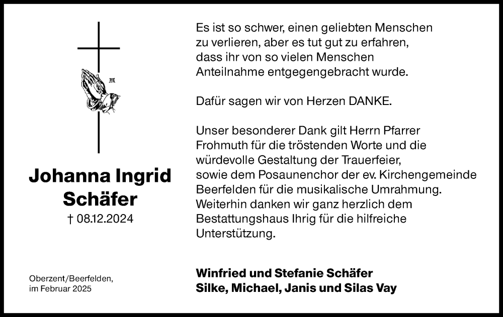  Traueranzeige für Johanna Ingrid Schäfer vom 08.02.2025 aus Odenwälder Echo