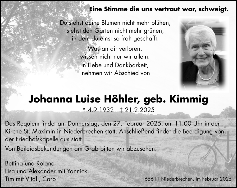  Traueranzeige für Johanna Luise Höhler vom 25.02.2025 aus Nassauische Neue Presse