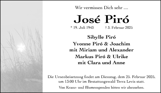 Traueranzeige von Jose Piro von Wiesbadener Kurier