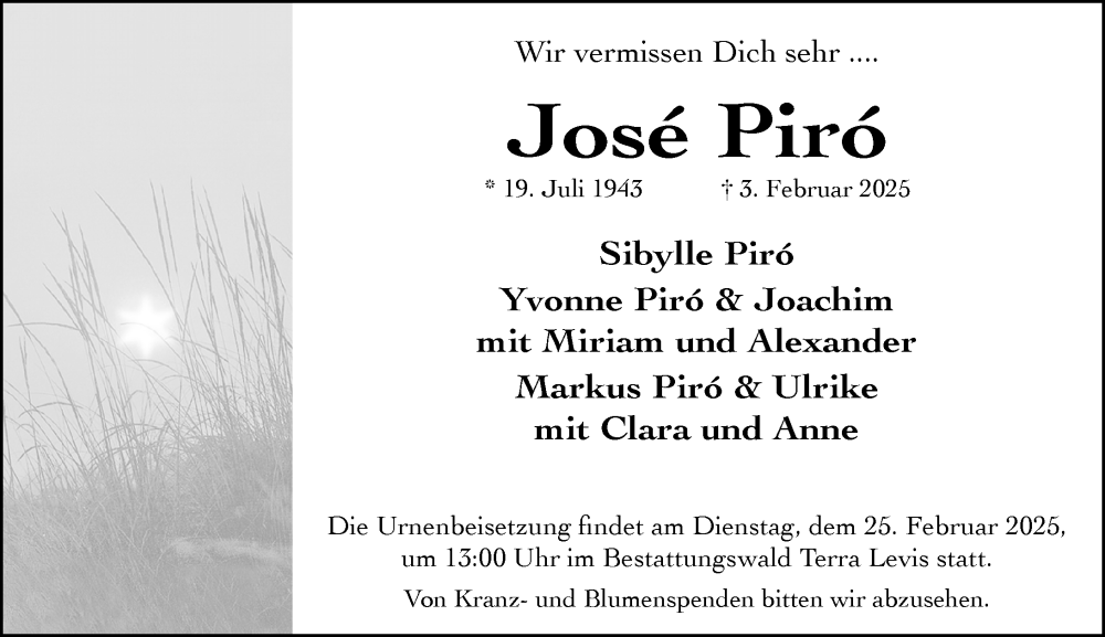  Traueranzeige für Jose Piro vom 08.02.2025 aus Wiesbadener Kurier