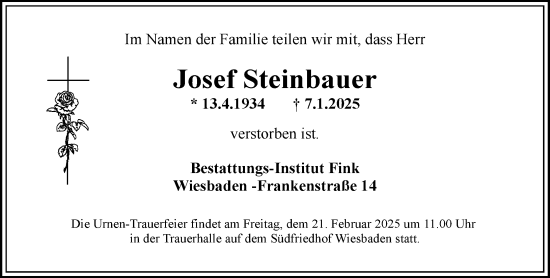 Traueranzeige von Josef Steinbauer von Wiesbadener Kurier