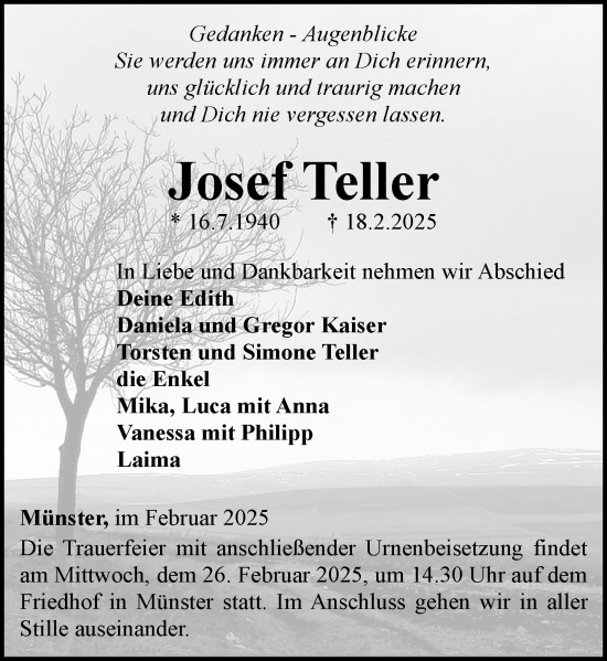 Traueranzeige von Josef Teller von Weilburger Tageblatt