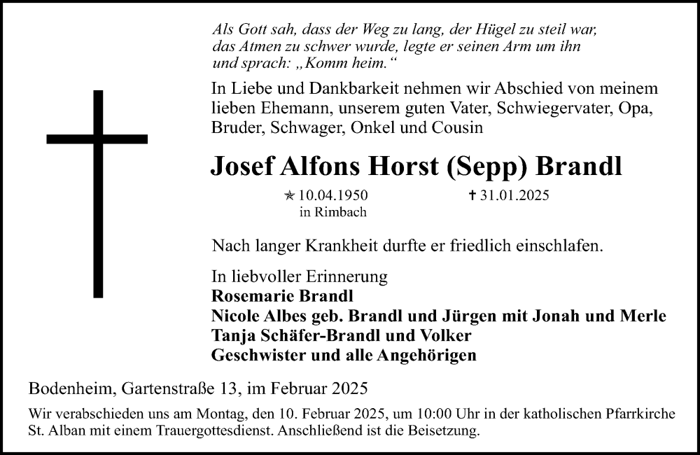  Traueranzeige für Josef Alfons Horst Brandl vom 05.02.2025 aus Allgemeine Zeitung Mainz