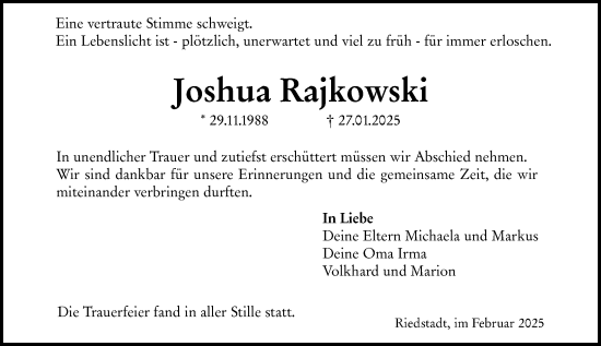 Traueranzeige von Joshua Rajkowski von Groß-Gerauer Echo