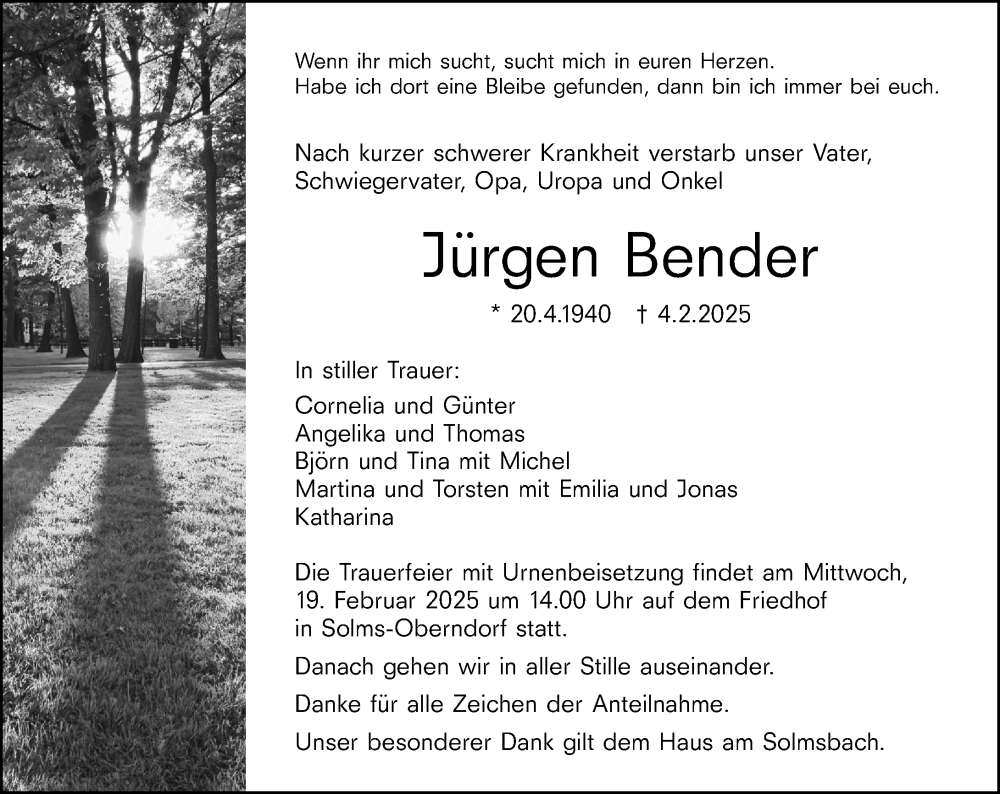  Traueranzeige für Jürgen Bender vom 15.02.2025 aus Wetzlarer Neue Zeitung